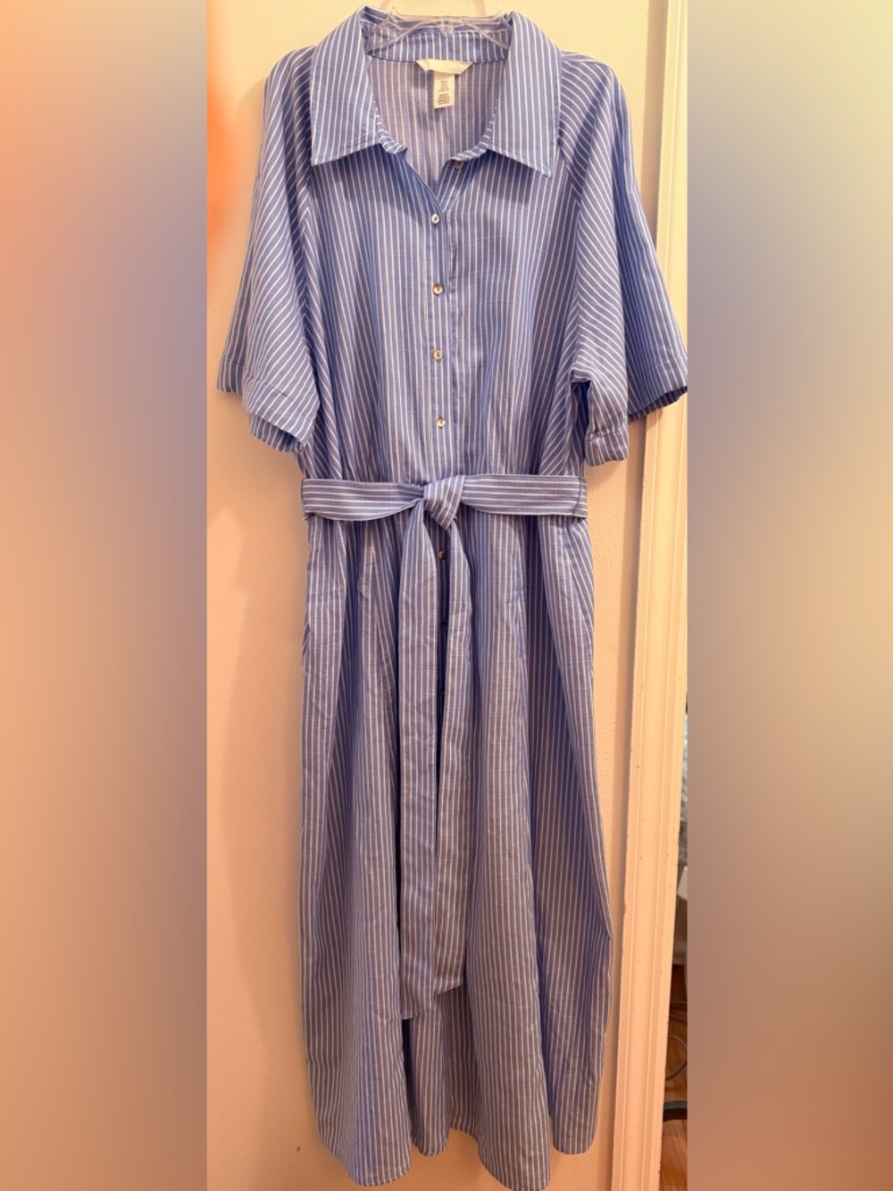 H&M Blue and White Striped Shirt Dress with Waist Tie
